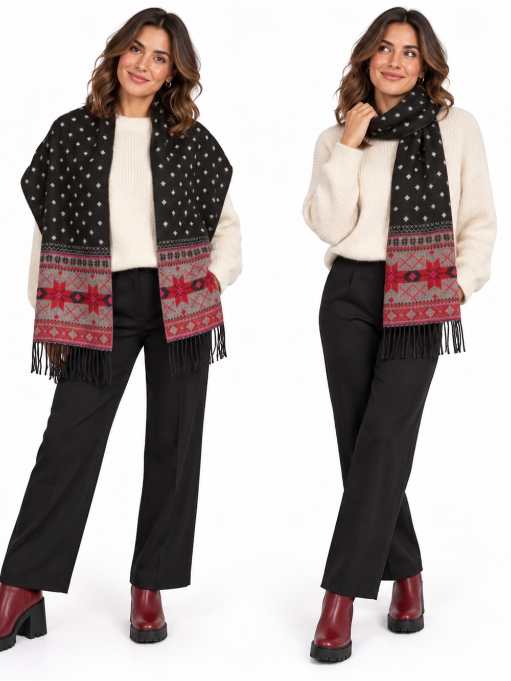 Reversible Geometric Fringe Scarf : Black/ Gray/Red/Pink - Picture 3 of 3